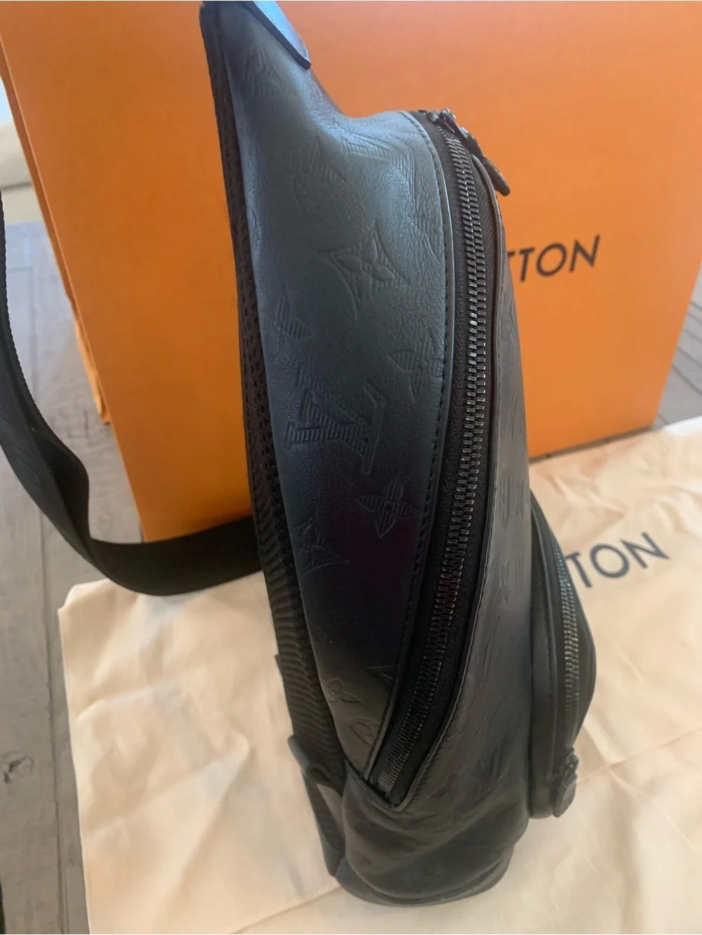 LIKE NEWLouis Vuitton Men’s Racer Sling Back in Black Monogram Embossed Leather